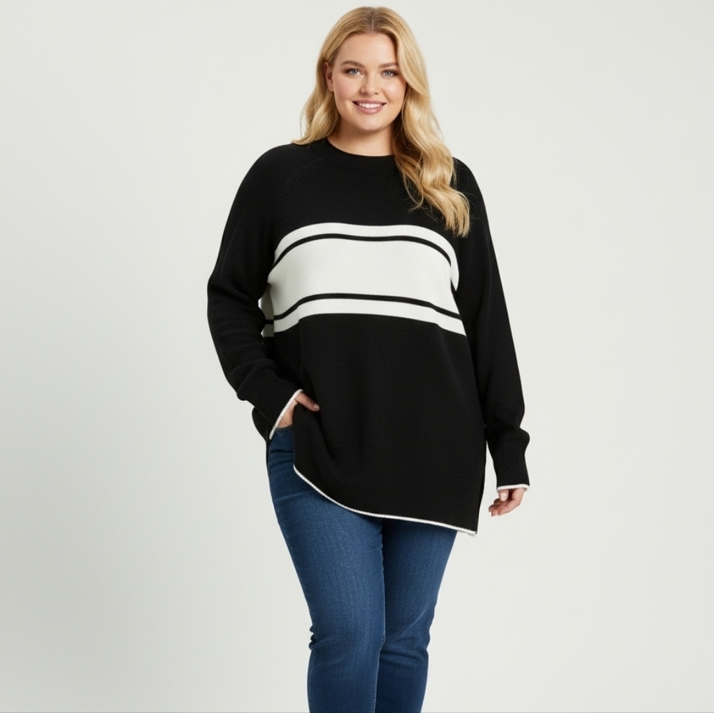 Penningtons Black White Soft Fuzzy Knit Tunic Sweater Long Sleeve 0X 1X Winter